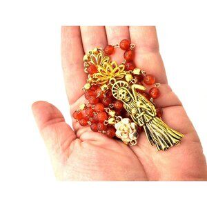 Handmade Carnelian Santa Muerte Rosary - Holy Death Amulet Natural Stone Beads